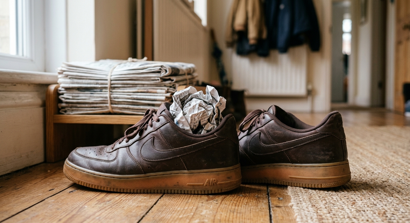 운동화 안에 구겨 넣은 신문지가 보이는 실내 장면