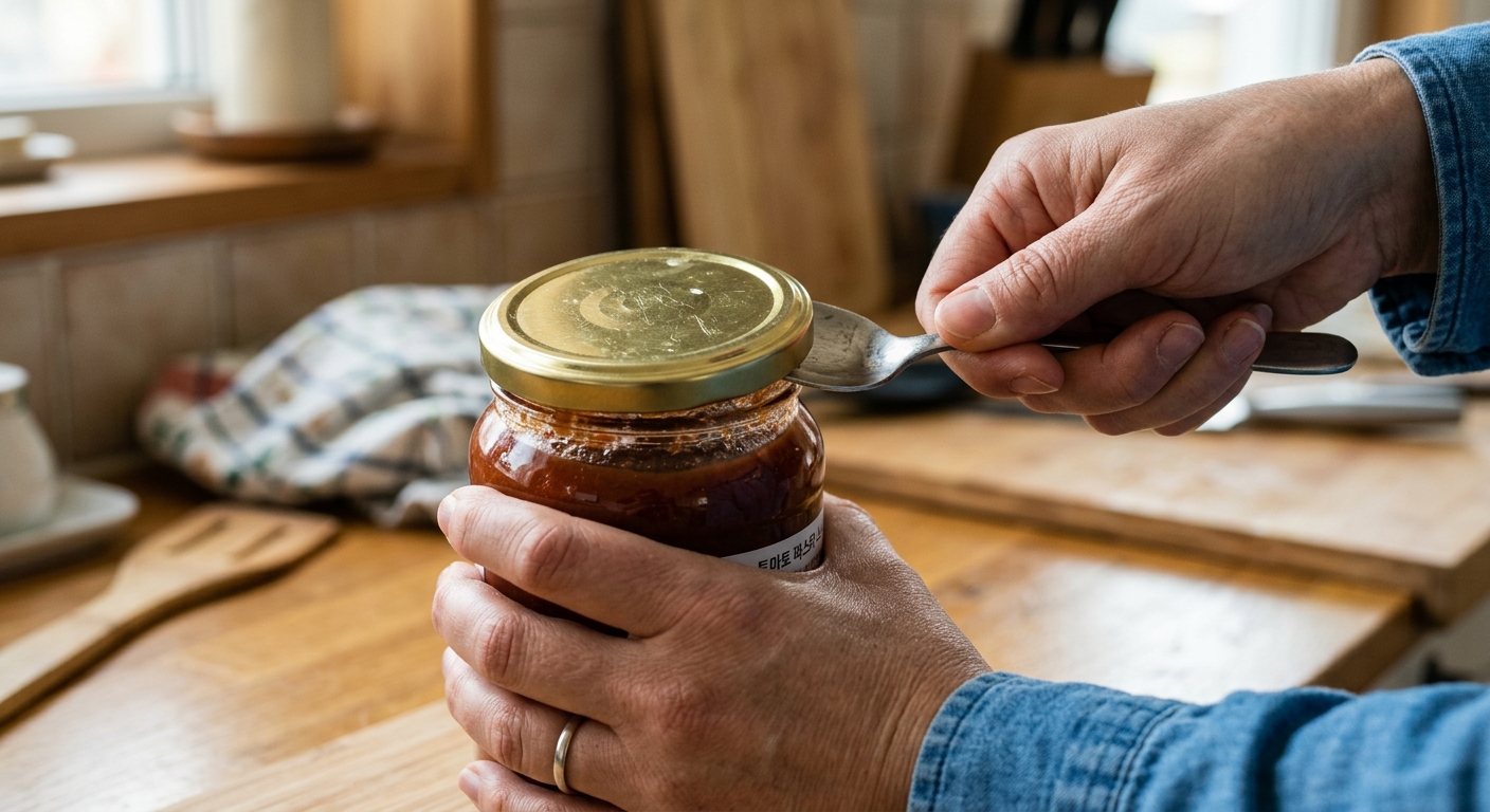 병뚜껑 둘레에 고무줄을 감아 잡기 쉽게 만든 모습