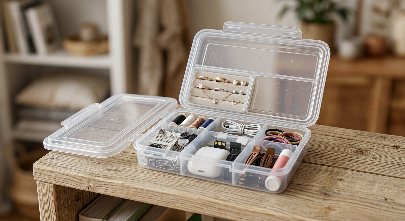 귀걸이 반지 머리끈 건전지가 샌드위치 케이스에 정리된 모습