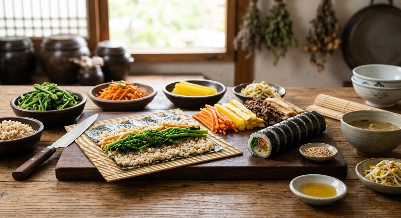 엄나무순과 달걀지단 당근 단무지를 올린 김밥 준비 장면