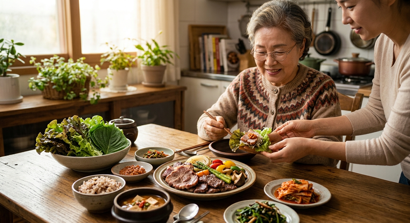적당량의 살코기와 다양한 채소로 구성된 건강한 한 끼 식사