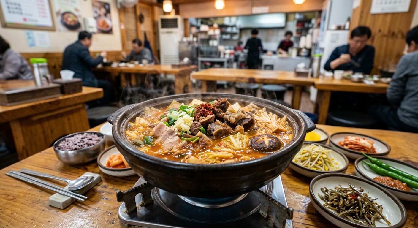 보글보글 끓는 붉은 국물의 울대찌개가 뚝배기에 담긴 모습