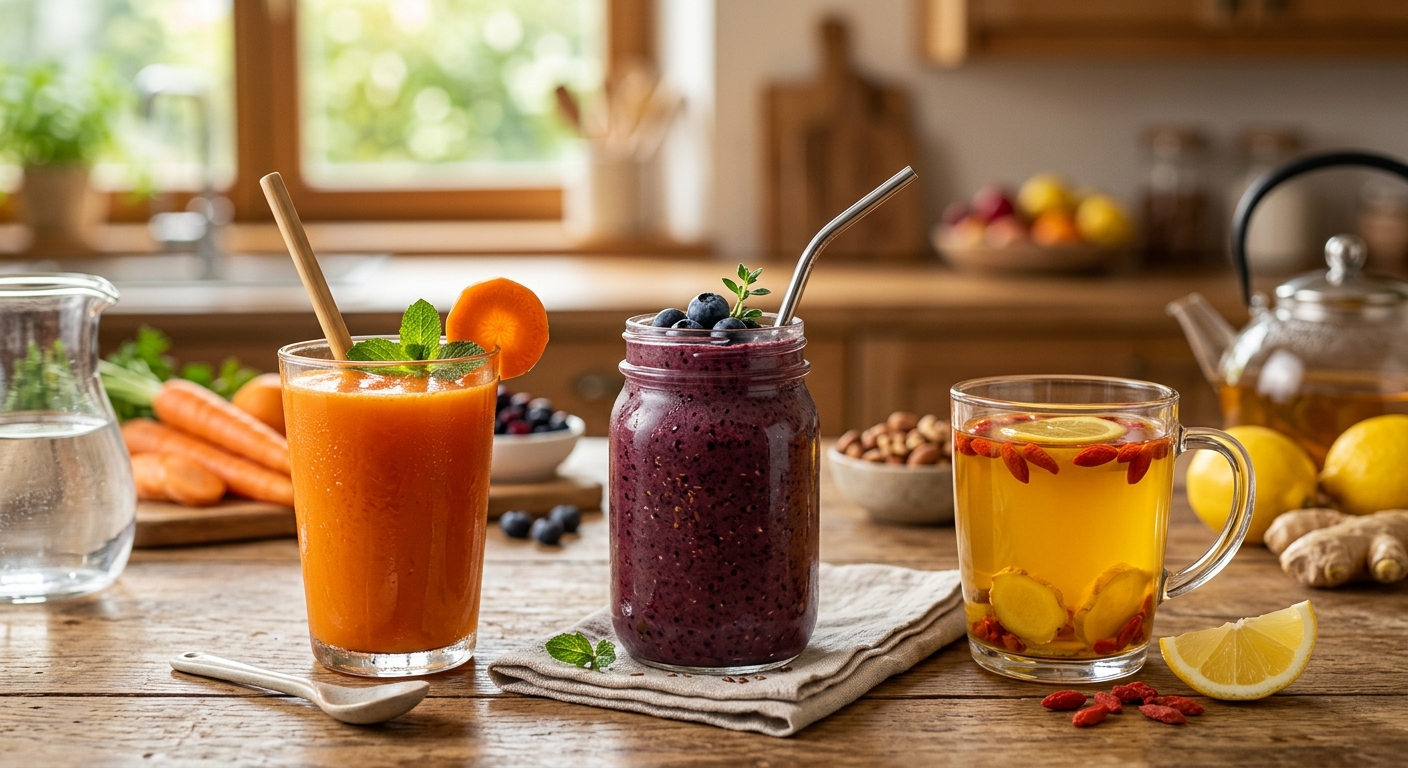 노트북 옆에 건강 음료와 물병을 두고 일하는 장면