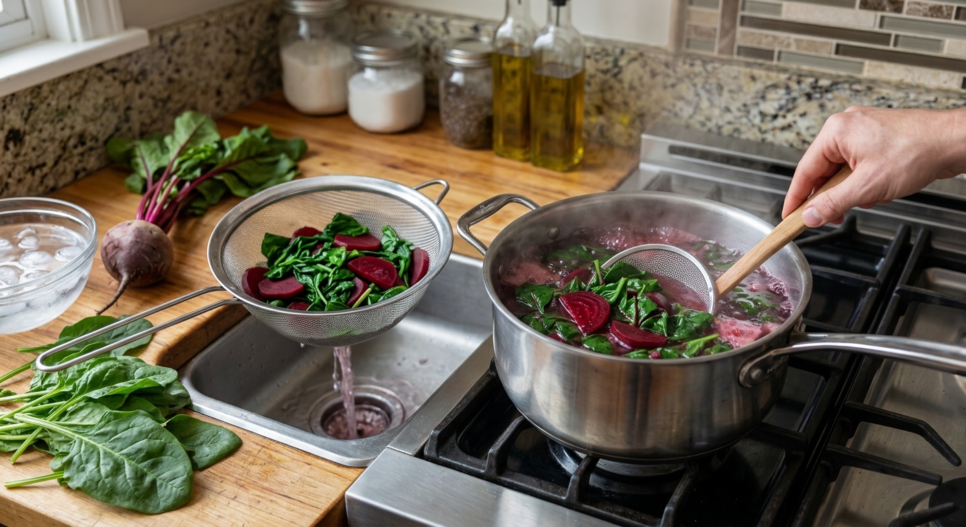 끓는 물에 시금치를 데치고 있는 냄비와 체반