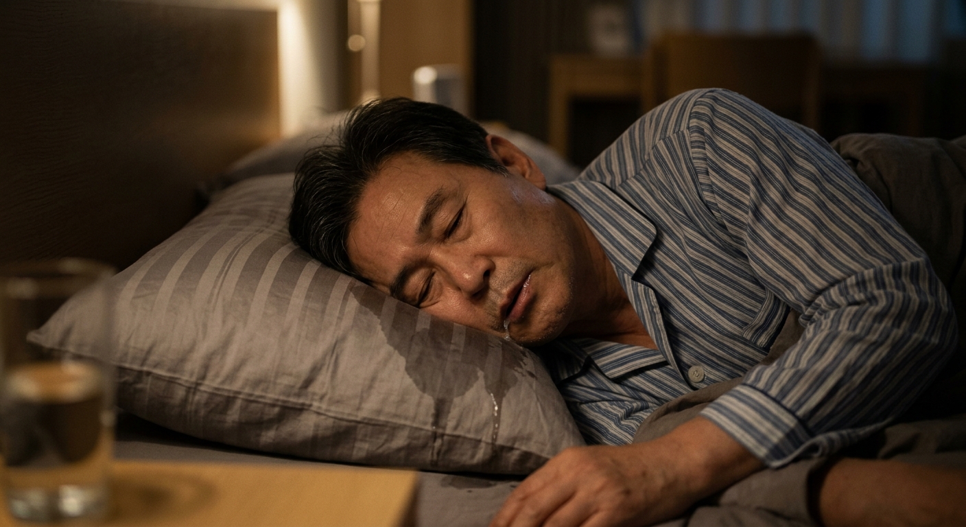 손의 미세한 떨림과 굳은 표정을 보이는 중장년층 인물