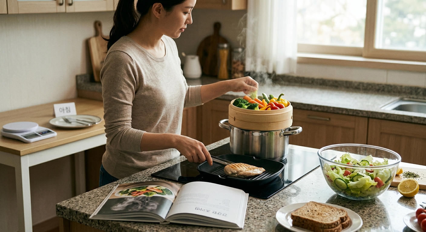삶고 찐 음식과 튀긴 음식을 비교한 건강한 식단 이미지