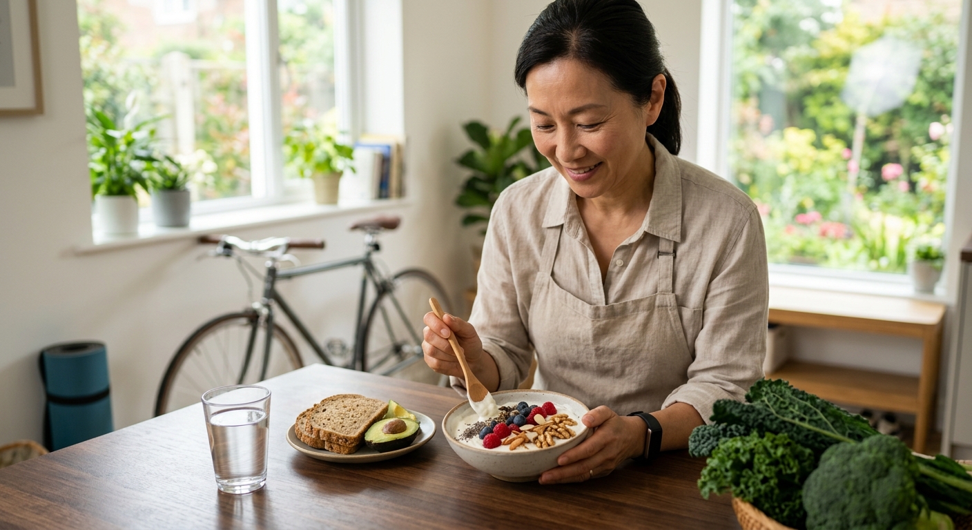 운동화, 채소, 물병, 요거트가 함께 놓인 건강한 생활습관 구성 이미지