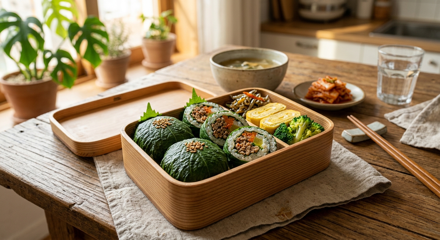 깻잎 주먹밥을 도시락 통에 담고 쌈장은 따로 소스통에 넣어 준비한 모습