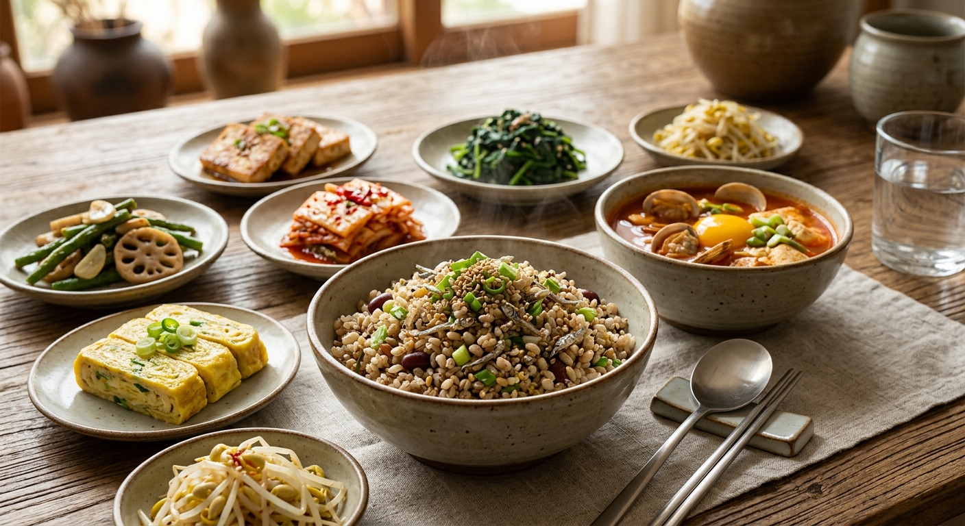 멸치 잡곡밥과 시금치나물 두부조림이 함께 차려진 식탁