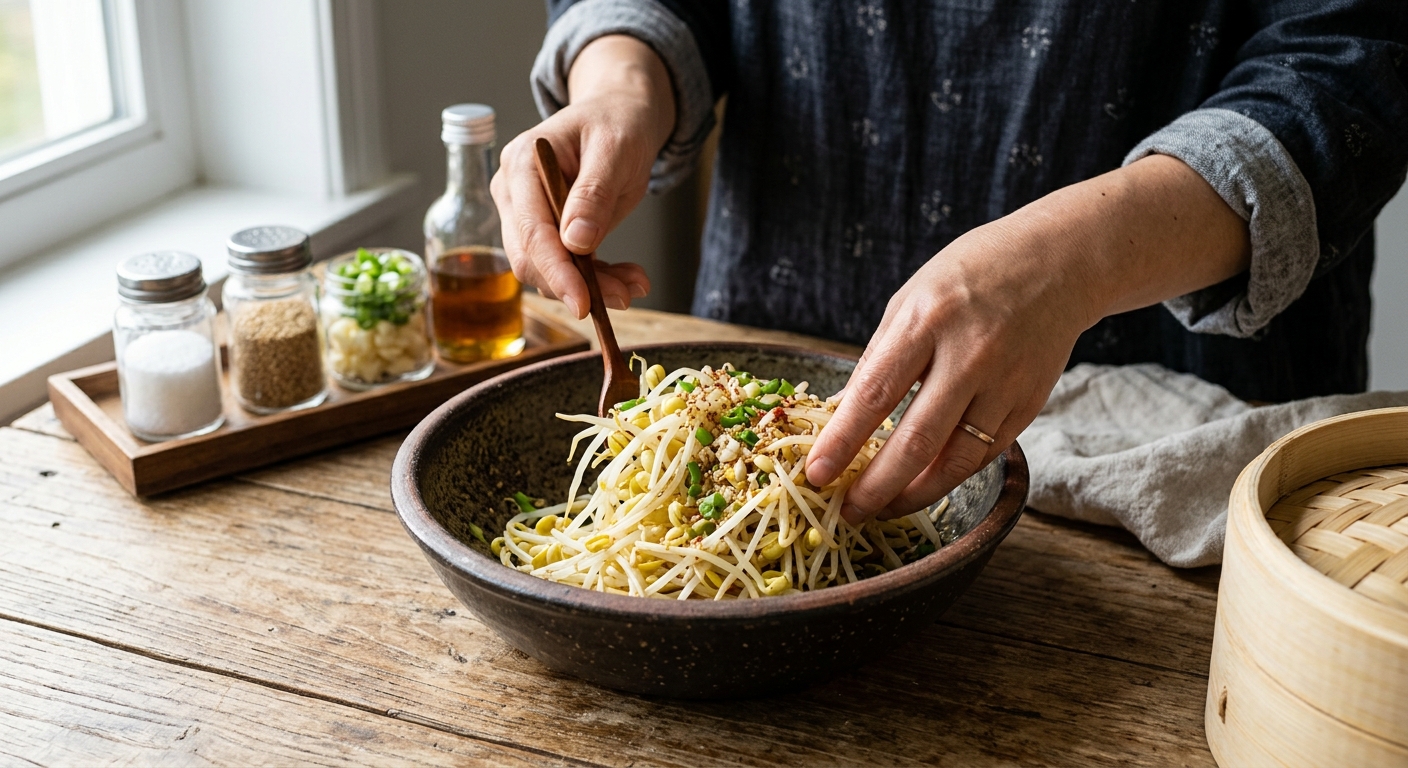 기본 양념으로 가볍게 버무린 숙주무침의 클로즈업