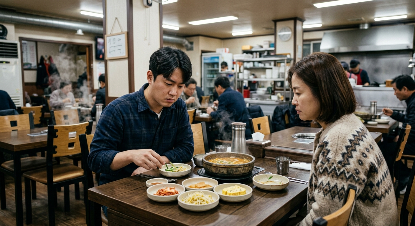 주방에서 반찬 원가와 식재료를 확인하는 식당 운영자의 모습