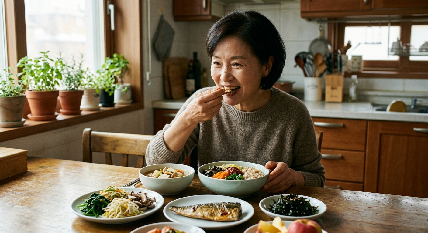 채소, 생선, 견과류, 통곡물로 구성된 균형 잡힌 중년 건강 식단