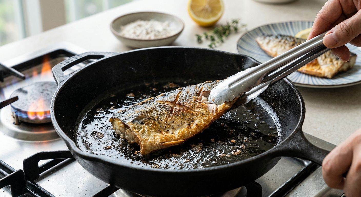 팬에서 생선을 한 번만 뒤집어 노릇하게 굽는 모습