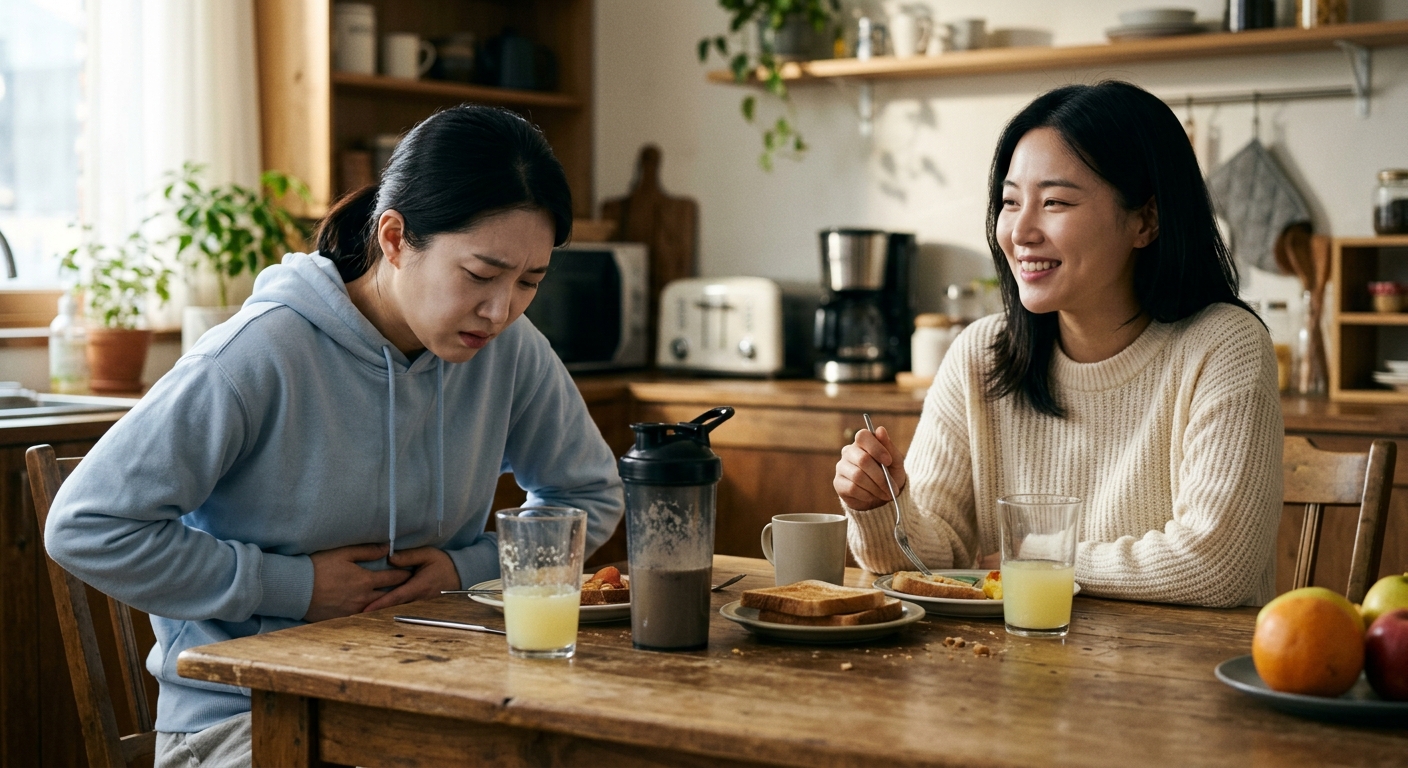 아침 식단을 앞에 두고 몸 상태를 고민하는 사람의 자연스러운 모습