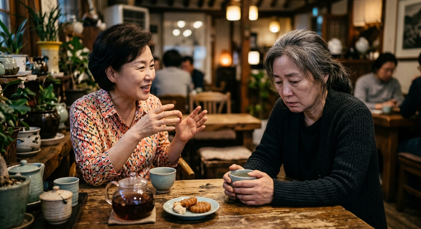 사람들과 함께 있어도 지친 표정을 짓는 중년 여성