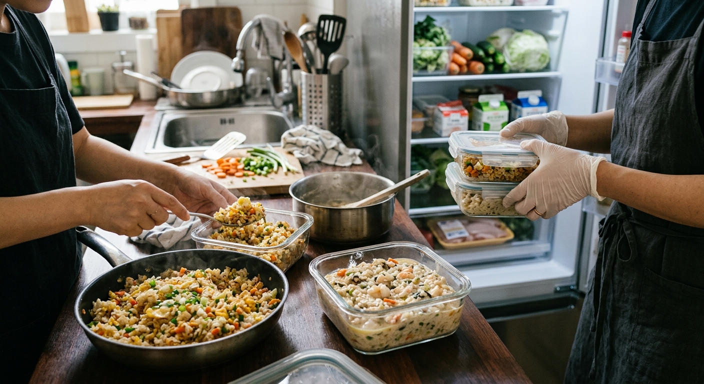 얕은 밀폐용기에 나눠 담긴 볶음밥을 식힌 뒤 냉장 보관하는 모습