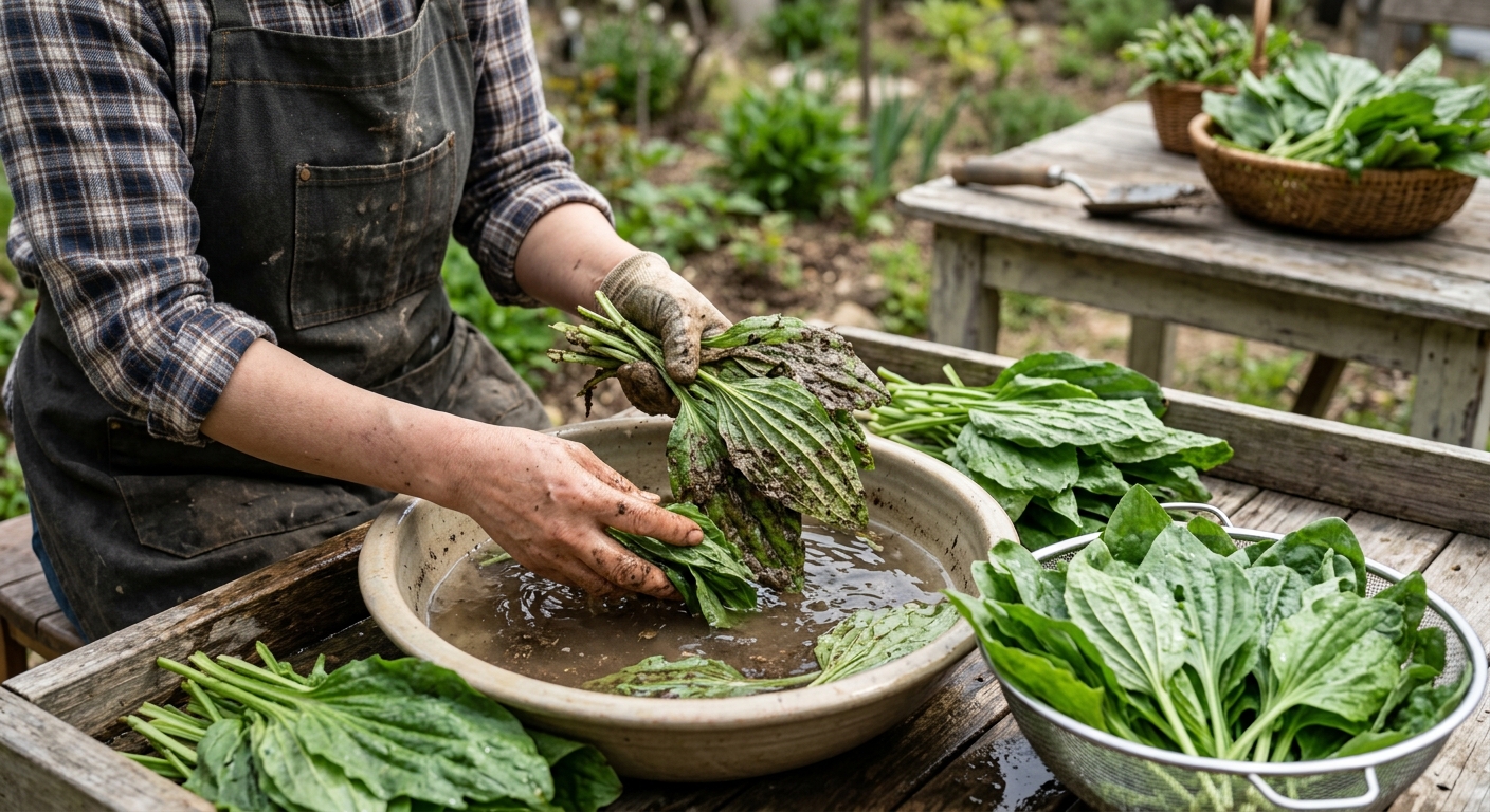 질경이 잎의 밑동과 표면을 꼼꼼하게 세척하는 손질 장면