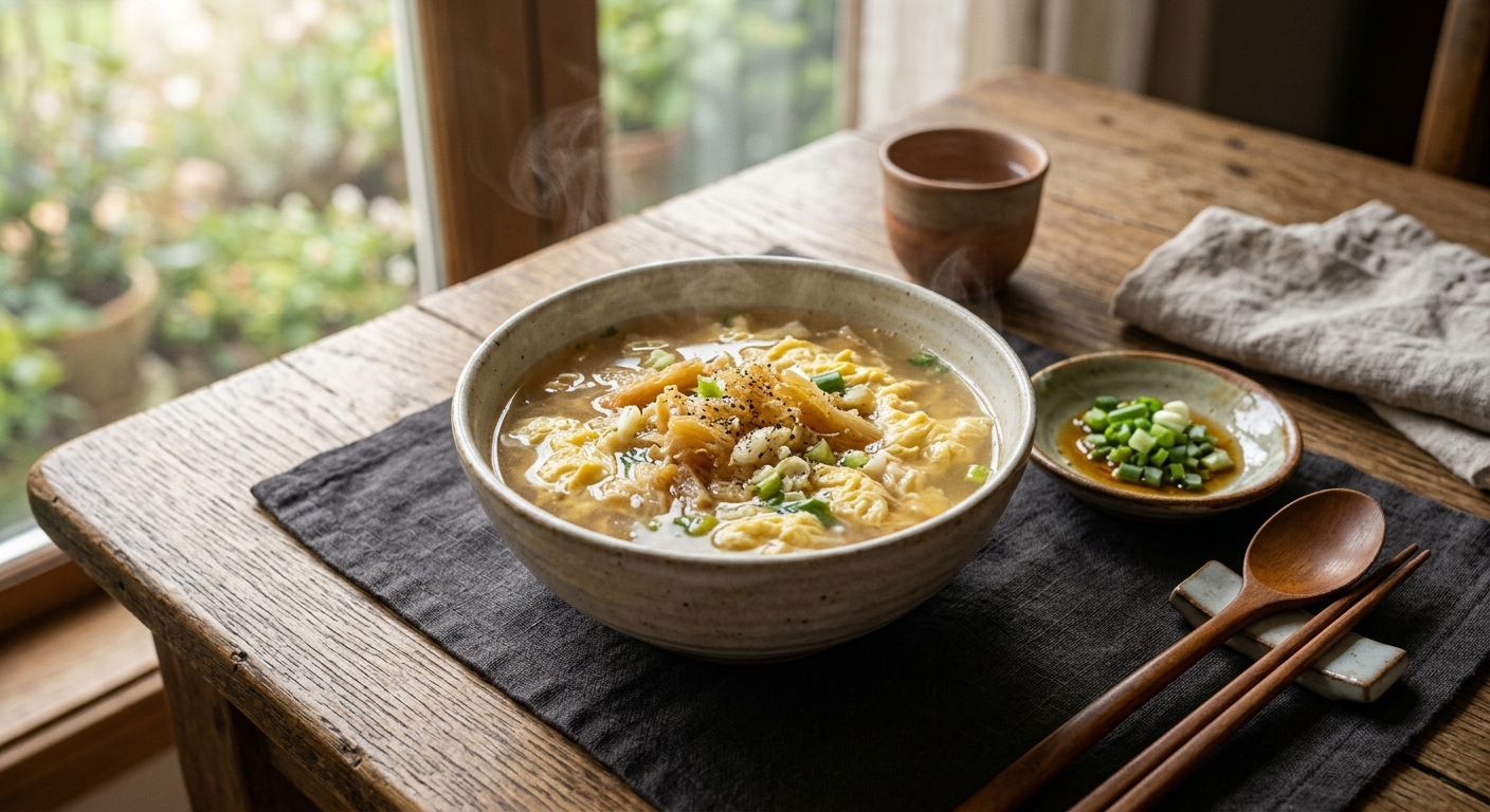 아침 공복에 먹기 좋은 북어달걀국이 식탁 위에 놓인 모습