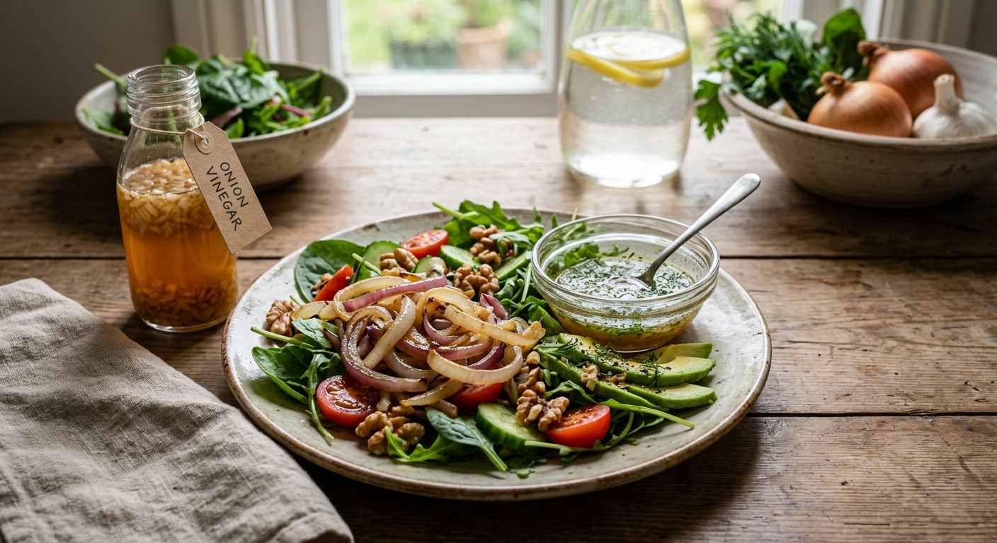 찐 양파를 간단히 접시에 담아 식초와 함께 준비한 모습
