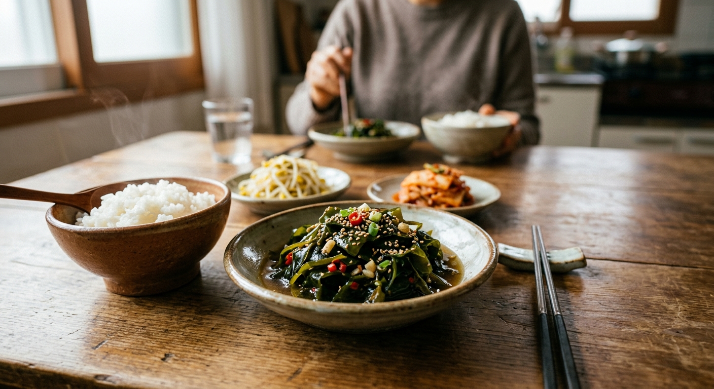 건강한 한식 식단에 어울리는 담백한 미역볶음과 밥상 구성
