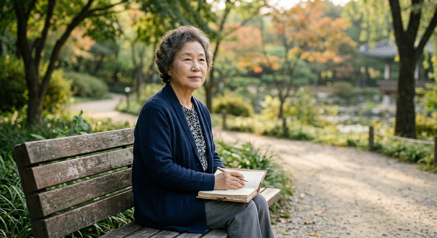 노트에 긍정적이고 현실적인 문장을 적으며 마음을 정리하는 모습