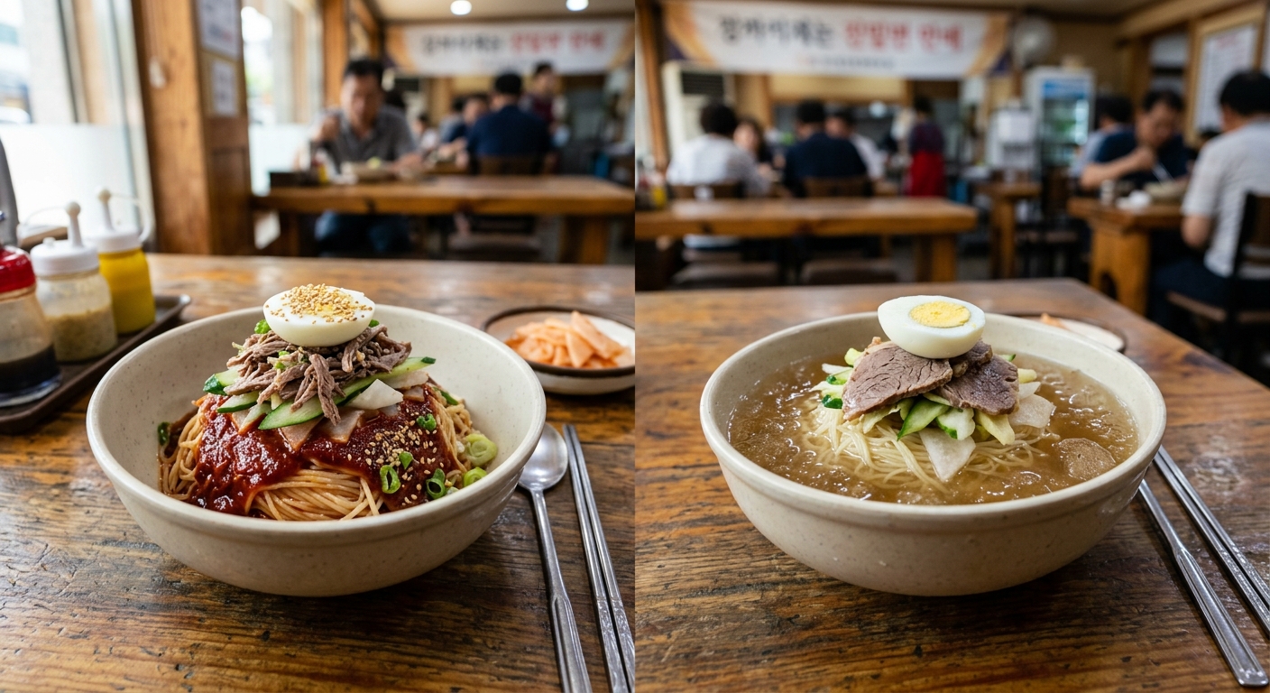 비빔밀면과 물밀면 두 가지 조리법으로 완성된 라면 이미지
