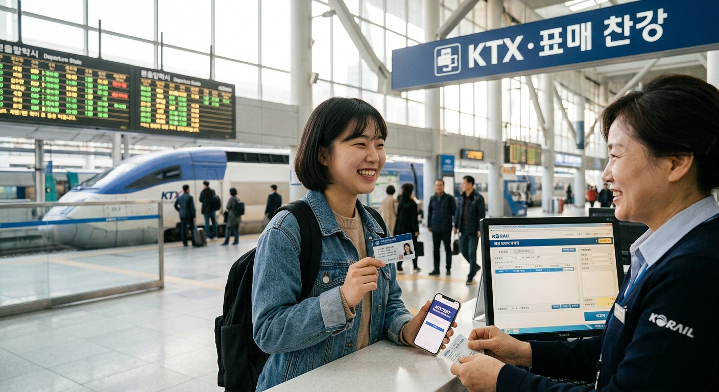 기차 예매 화면을 보며 학생 할인 좌석을 확인하는 대학생