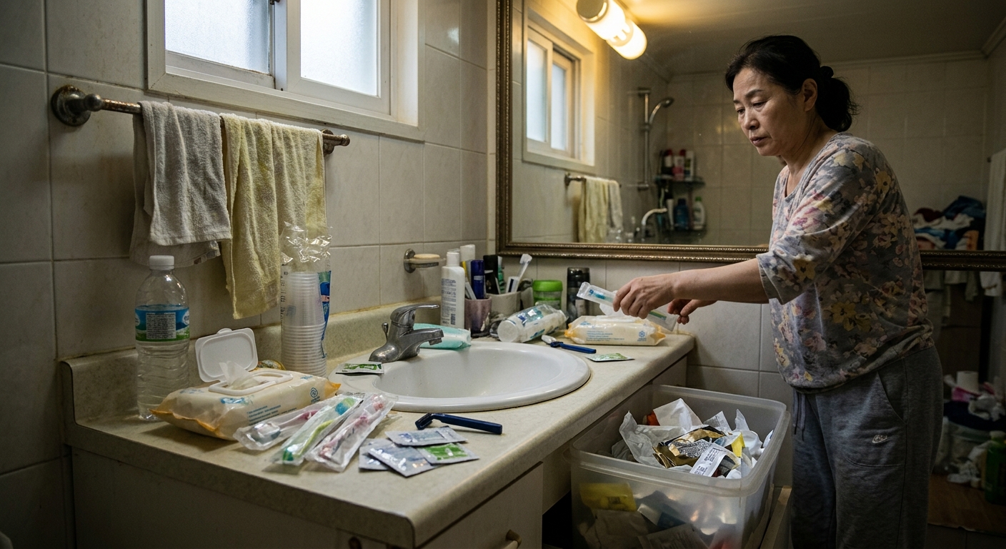 통일된 밀폐용기로 깔끔하게 정리된 주방 수납장