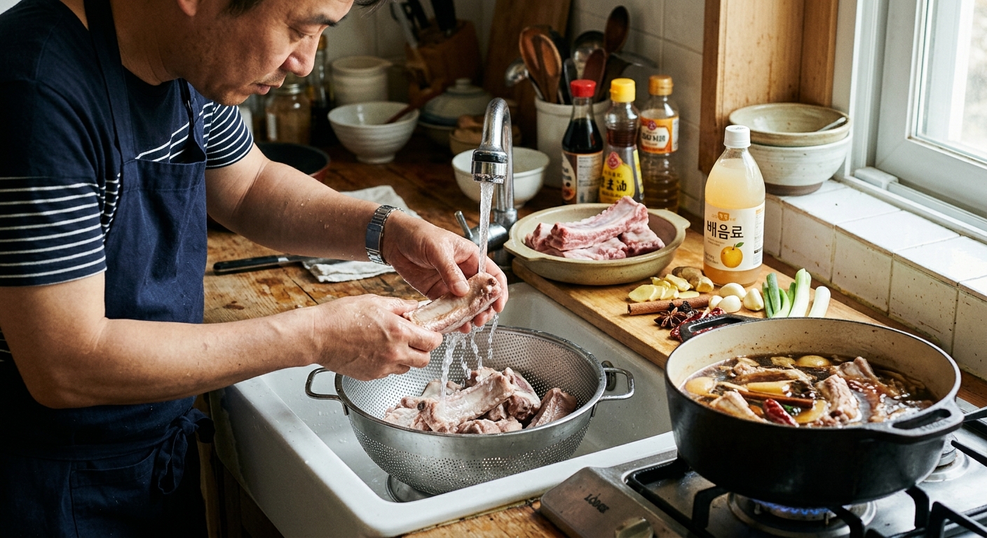 삶아낸 등갈비를 채에 받쳐 흐르는 물로 헹구는 모습