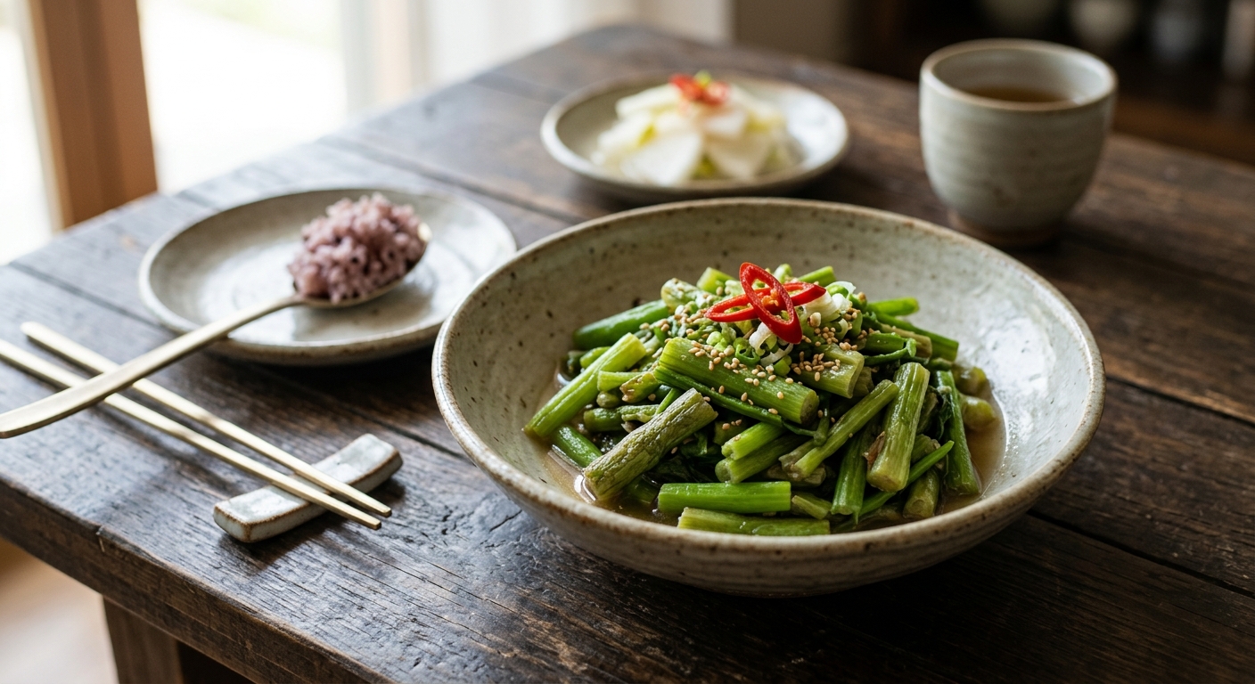 참기름과 통깨로 마무리한 눈개승마볶음 한 접시