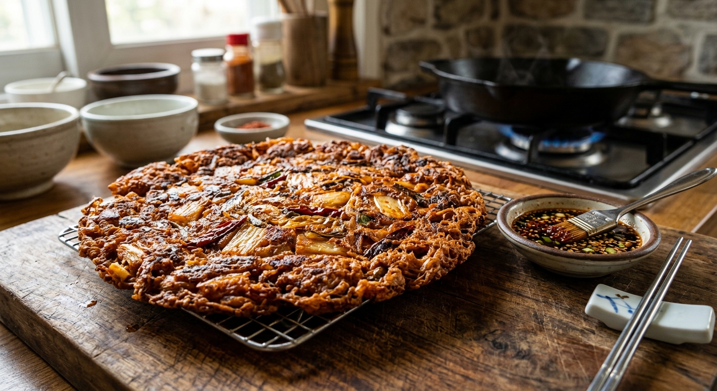 식힘망 위에 한 장씩 펼쳐 놓은 김치전의 모습