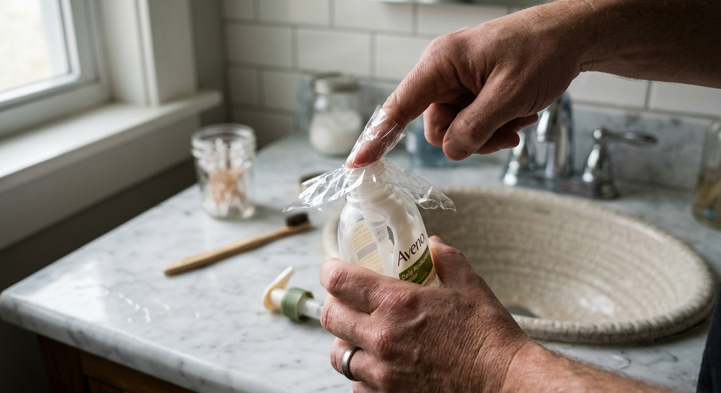 비닐 입구를 위생적으로 관리하며 로션을 사용하는 모습