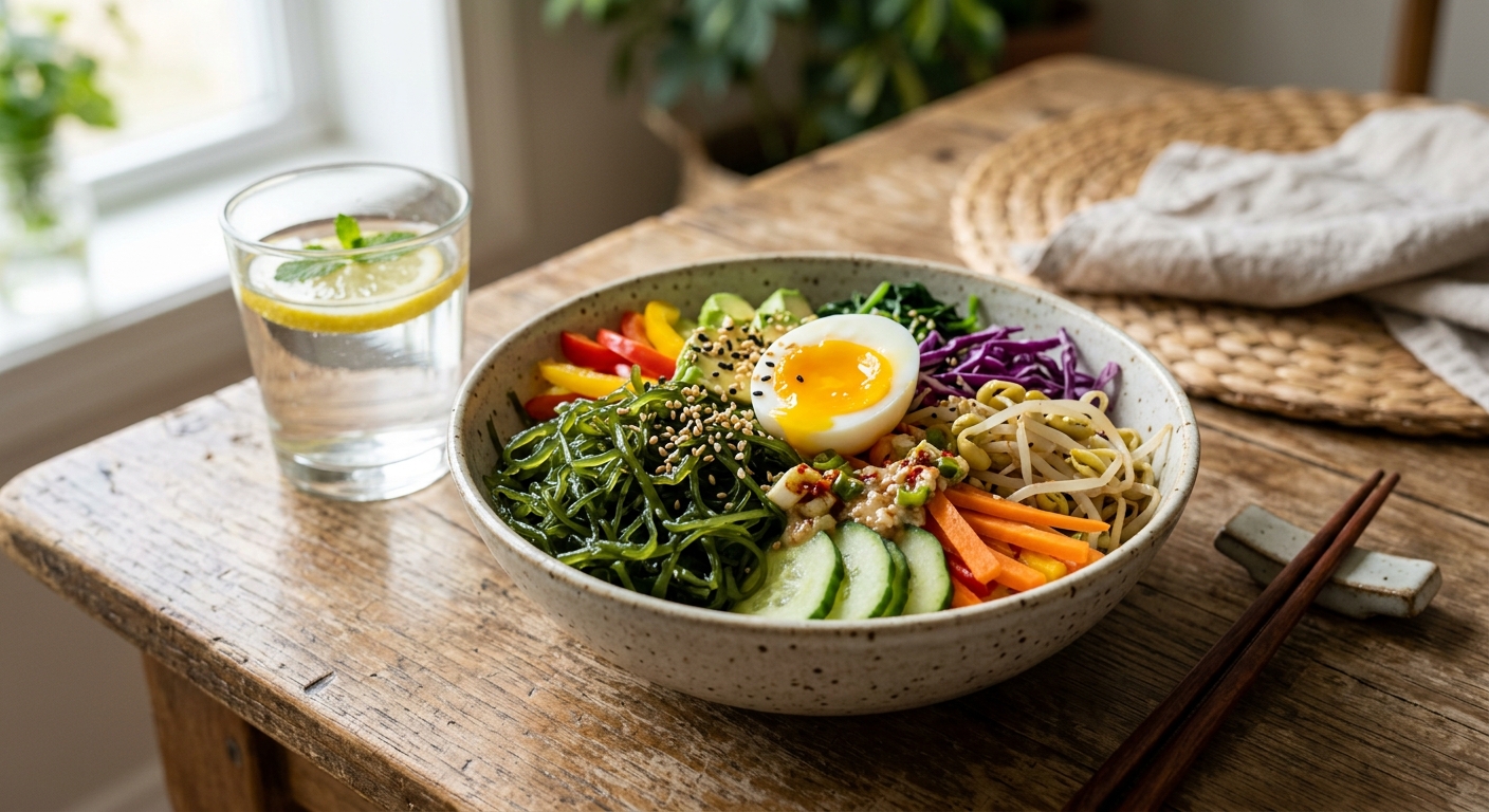 오이와 양파, 달걀이 함께 들어간 꼬시래기 샐러드 한 접시