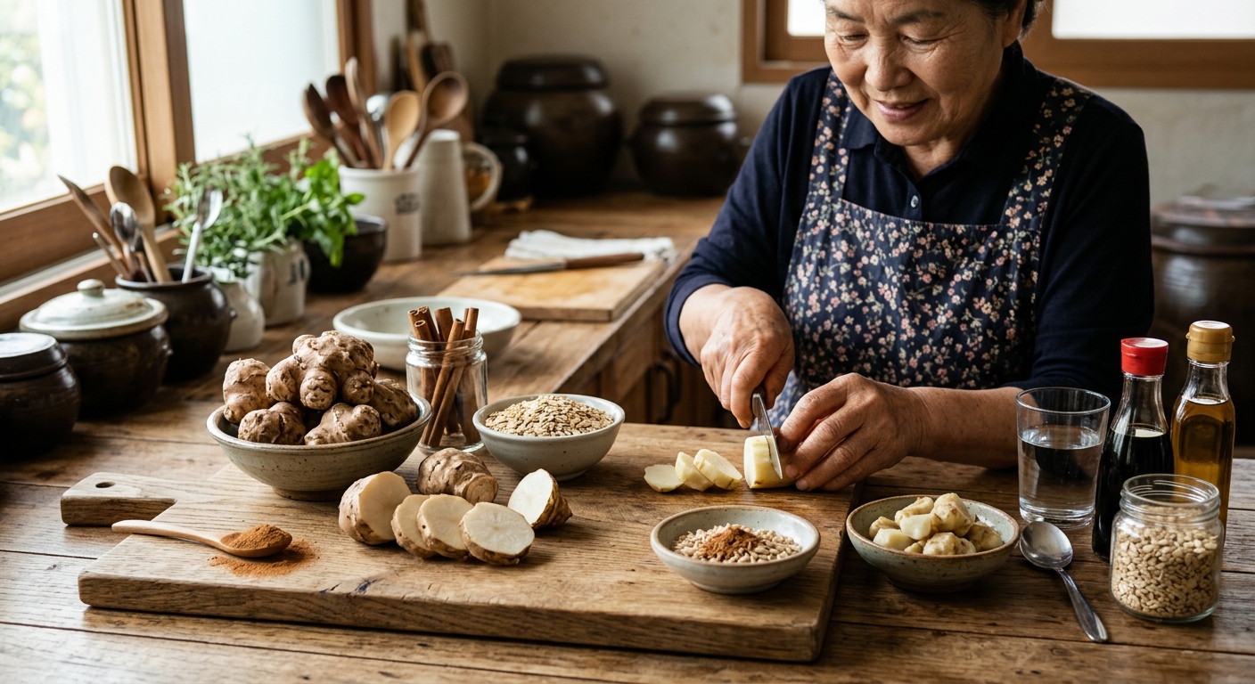 말린 돼지감자 차와 구운 돼지감자가 함께 차려진 건강 간식