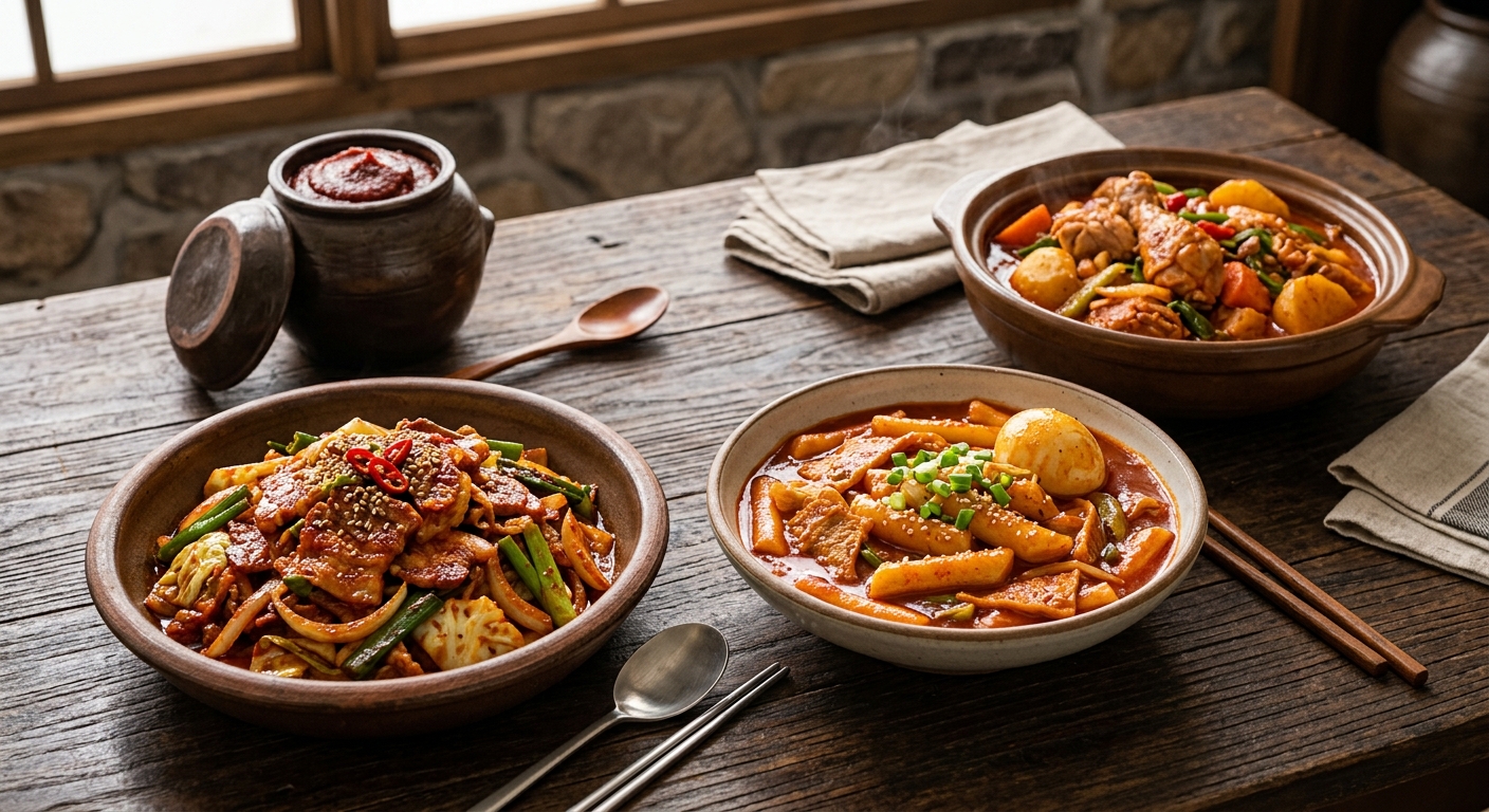 고추장 짜글이와 비빔국수, 제육볶음 재료를 준비한 주방 장면