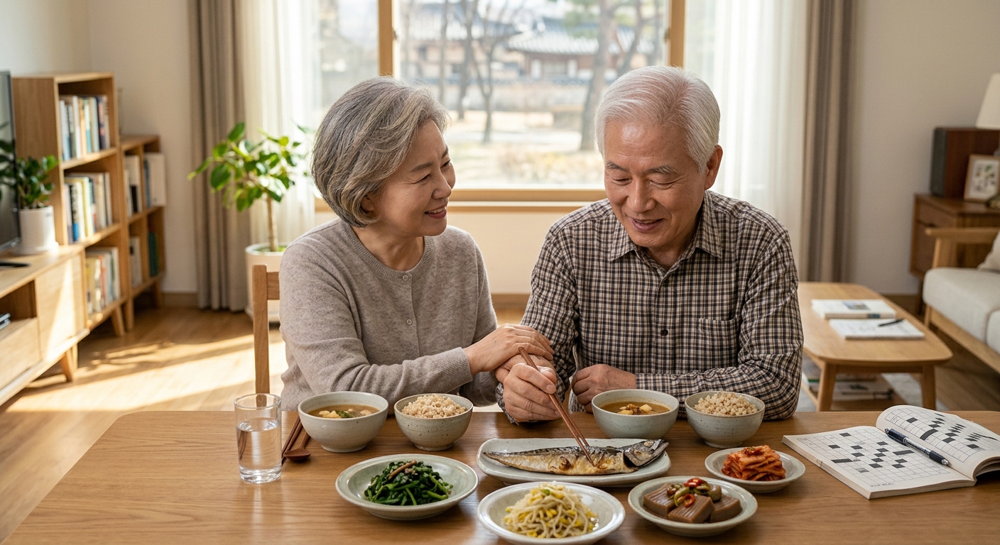 건강한 식단 앞에서 메모를 하며 계획을 세우는 사람