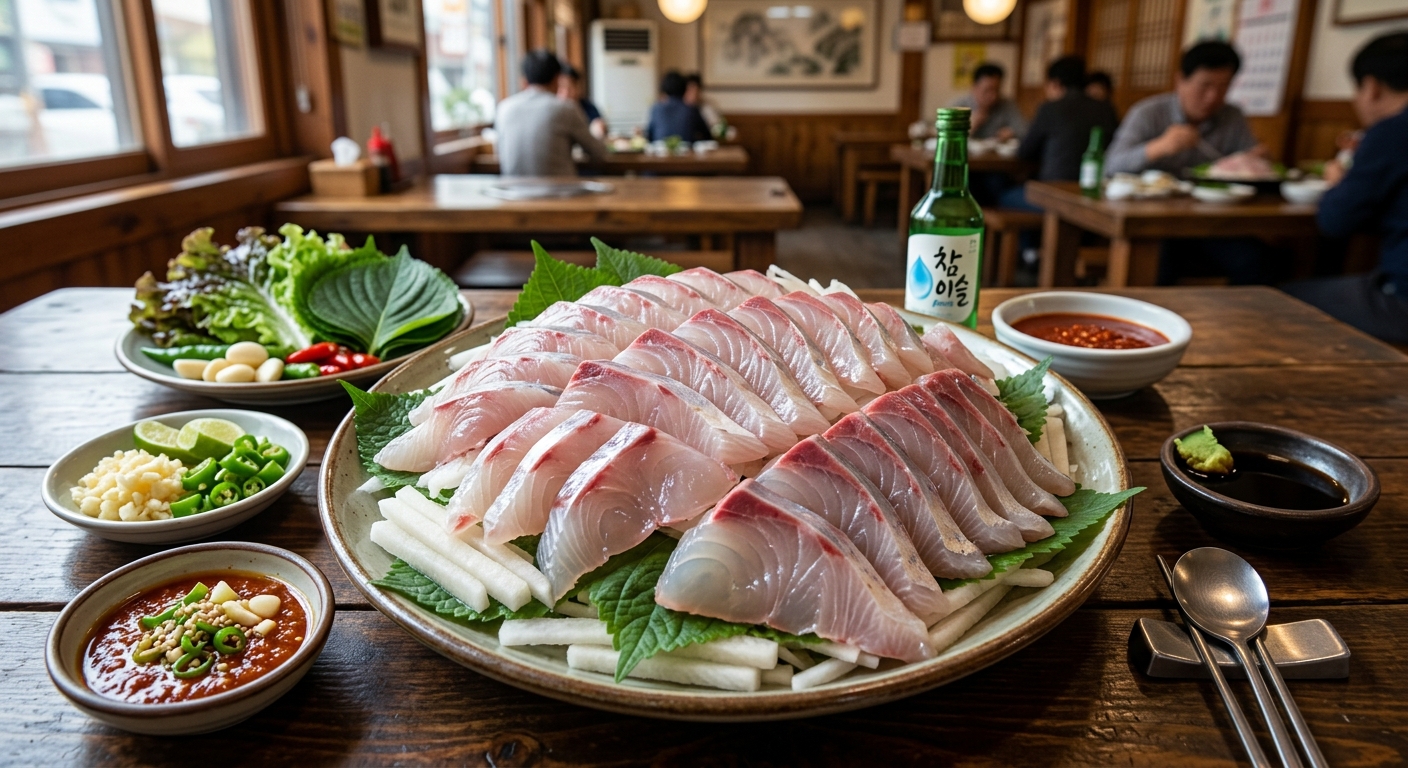 푸짐하게 썰어낸 숭어회 한 접시와 곁들임 반찬