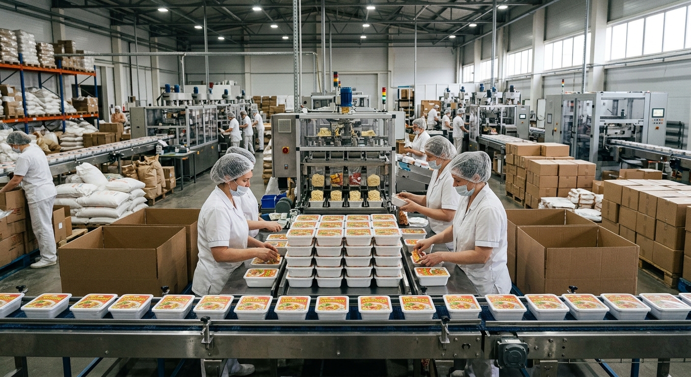 러시아 현지 식품 생산 공장과 컵라면 물류를 상징하는 이미지