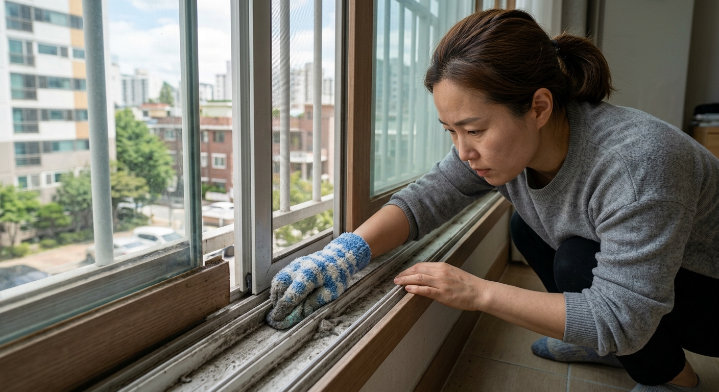 창틀 레일 구석을 수면양말을 활용해 청소하는 장면