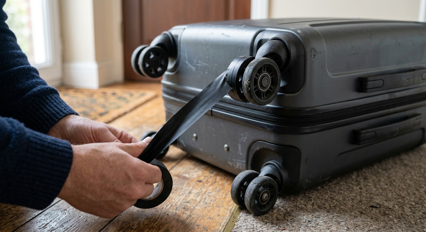 실내 바닥 위를 이동하는 캐리어 바퀴와 절연테이프 보호층 디테일