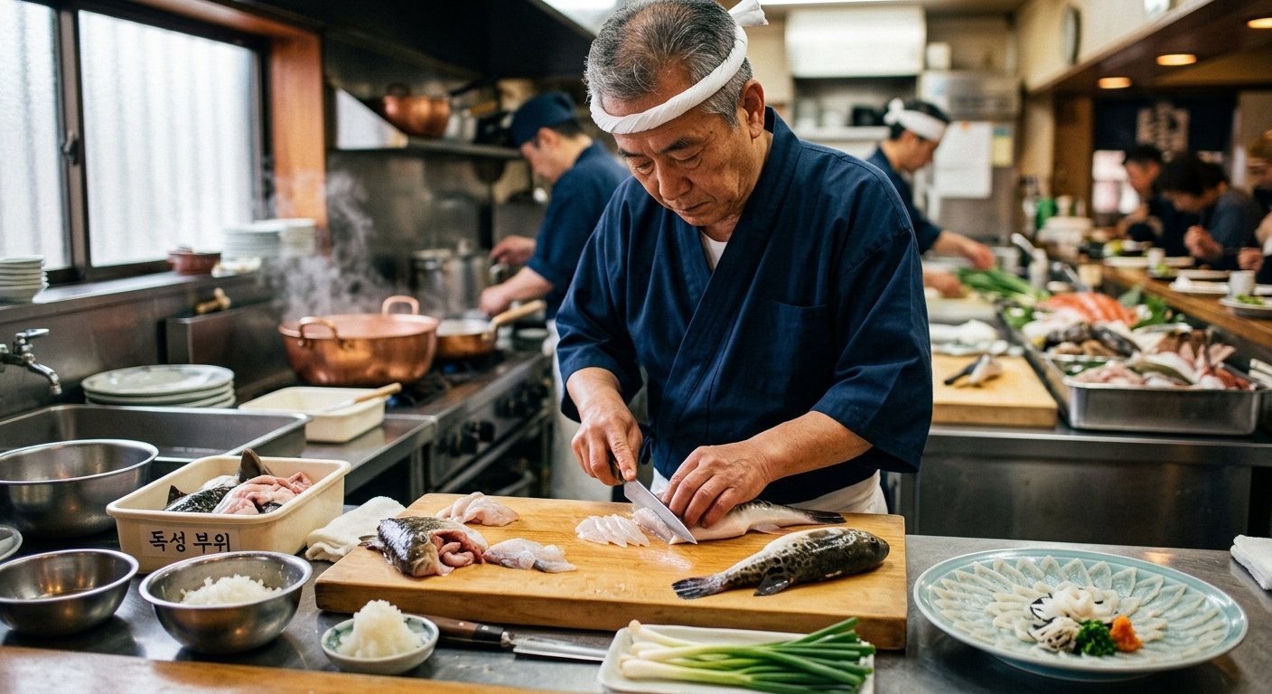 전문 주방에서 위생적으로 복어를 손질하는 모습