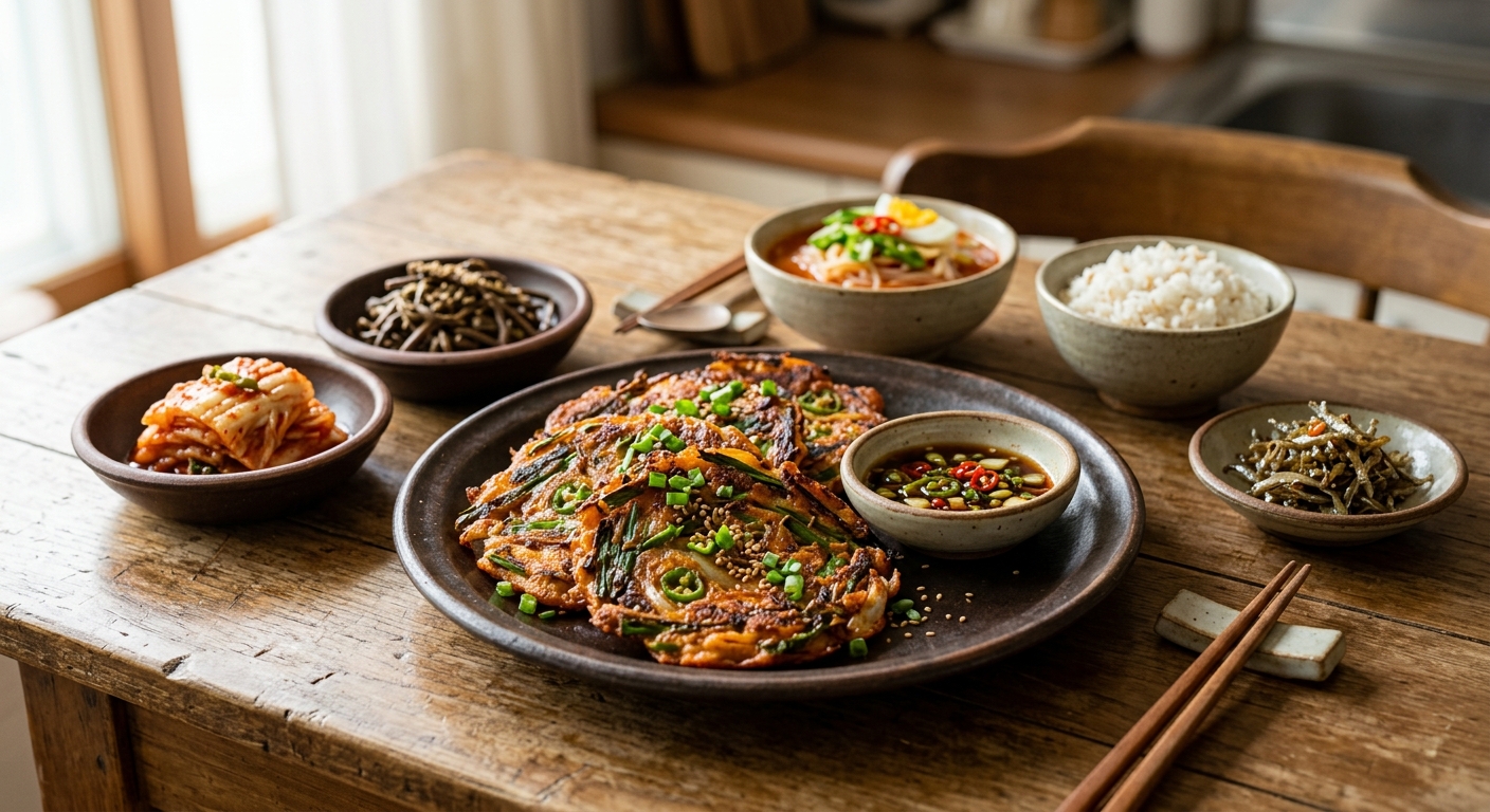 부추장떡이 밥과 국, 반찬과 함께 식탁에 차려진 모습
