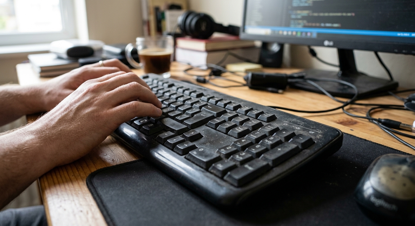 작은 무선 키보드와 일반 키보드를 나란히 놓고 비교하는 모습