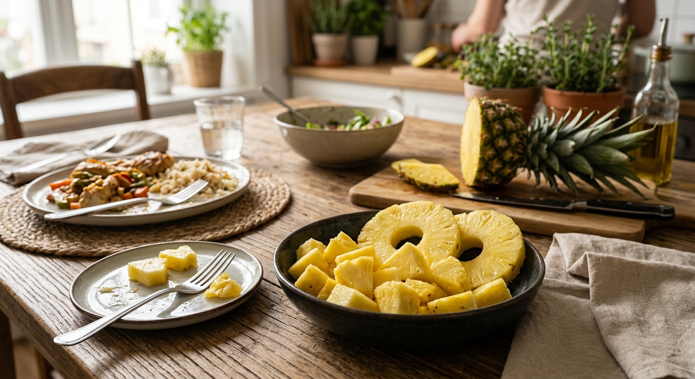 식사 후 접시에 담긴 파인애플 조각을 포크로 집는 장면