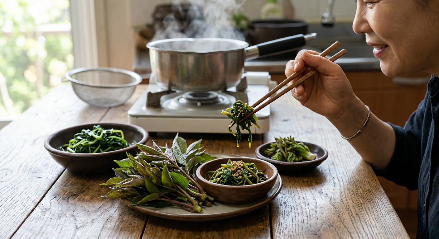 데친 딱총나무 새순을 양념에 무친 봄나물 반찬 사진