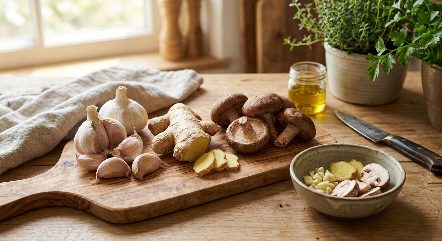 파뿌리, 오이고추, 깻잎을 손질해 식탁 위에 준비한 모습