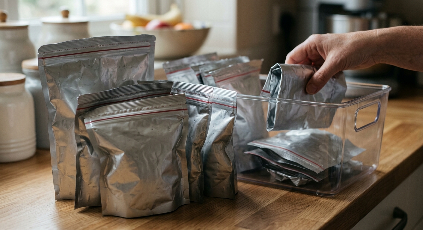 은색 코팅 지퍼 봉투에 견과류와 채소를 나눠 담아 보관하는 장면