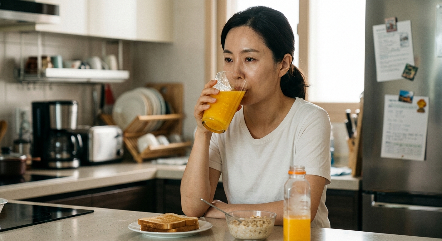 주스와 간식, 견과류가 놓인 식탁 위에 식습관 메모가 있는 모습
