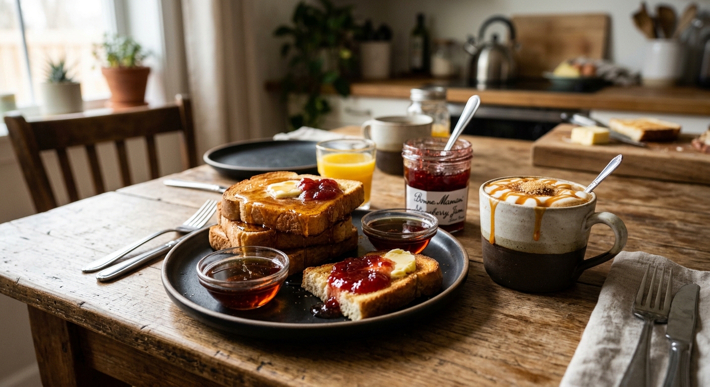 잼 바른 식빵과 달콤한 커피가 함께 놓인 아침 식사 사진