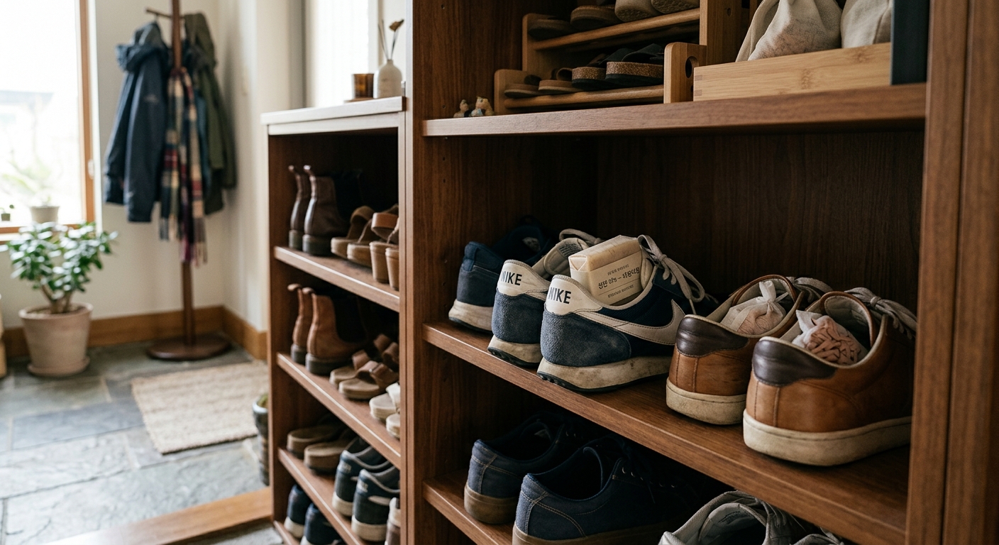 운동화 안쪽에 작은 천 주머니 형태의 비누 팩이 들어 있는 모습